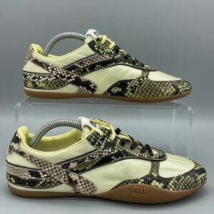 NEW Miu Miu Women’s Gymnasium Python-Print Leather Sneakers Yellow Size 7/37